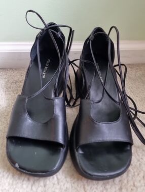 Colin Stuart Vintage Black Leather Lace Up Wedge Sandals